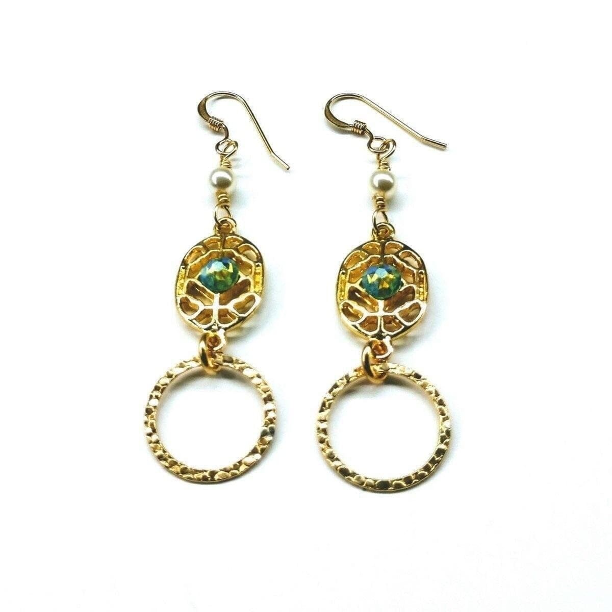 14 KT Gold Filled Green Crystal Hammered Circle Filigree Earrings by Alexa Martha Designs