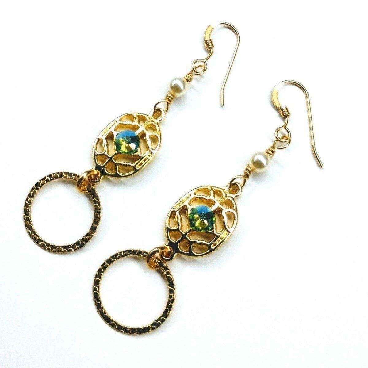 14 KT Gold Filled Green Crystal Hammered Circle Filigree Earrings by Alexa Martha Designs