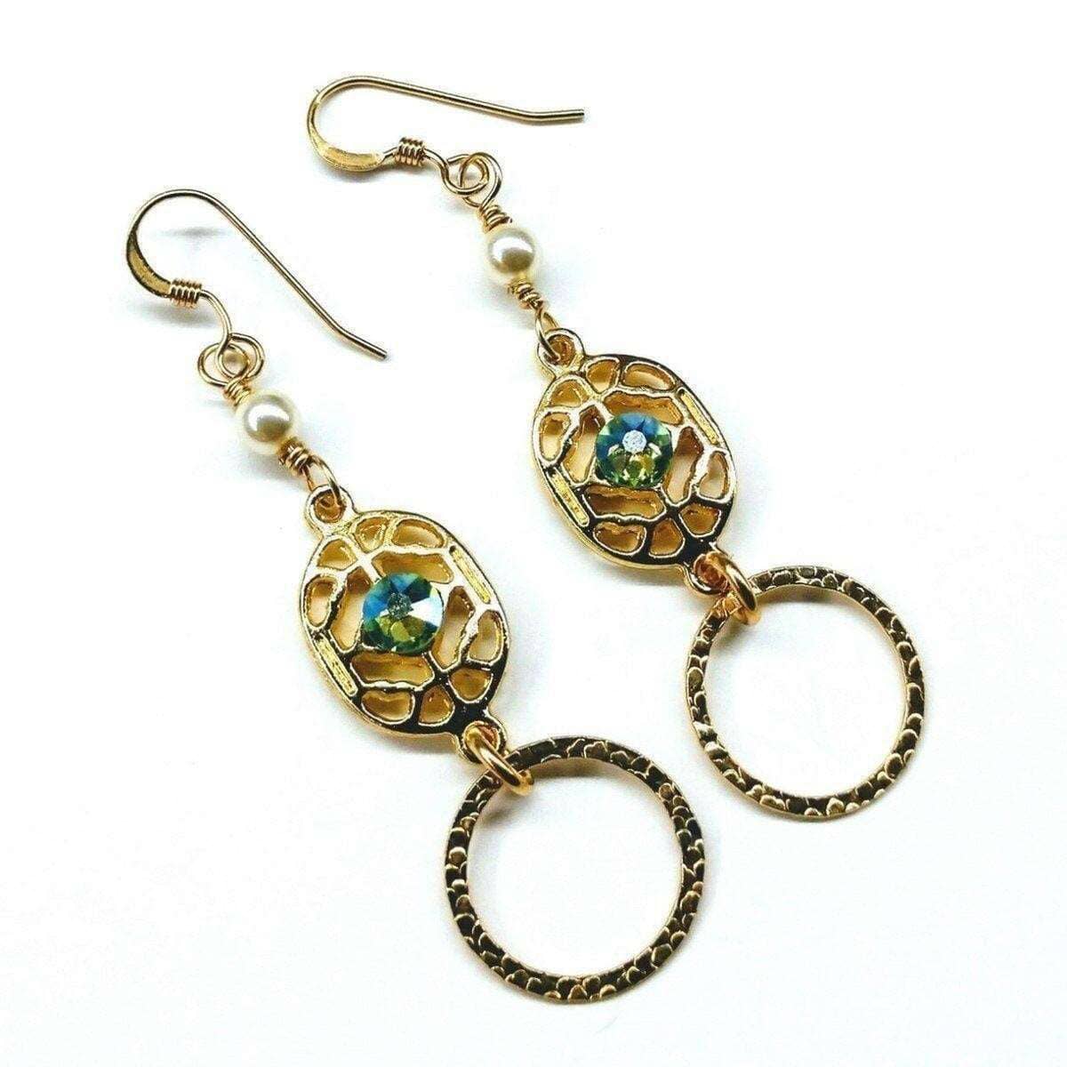 14 KT Gold Filled Green Crystal Hammered Circle Filigree Earrings by Alexa Martha Designs