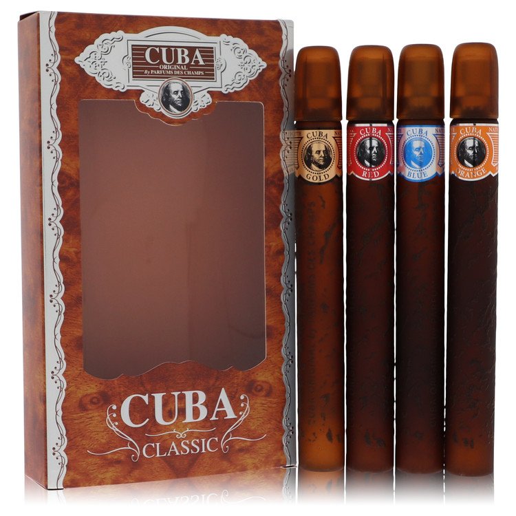 Cuba Gold by Fragluxe Gift Set -- Cuba Variety Set includes All Four 1.15 oz Sprays, Cuba Red, Cuba Blue, Cuba Gold and Cuba Orange for Men