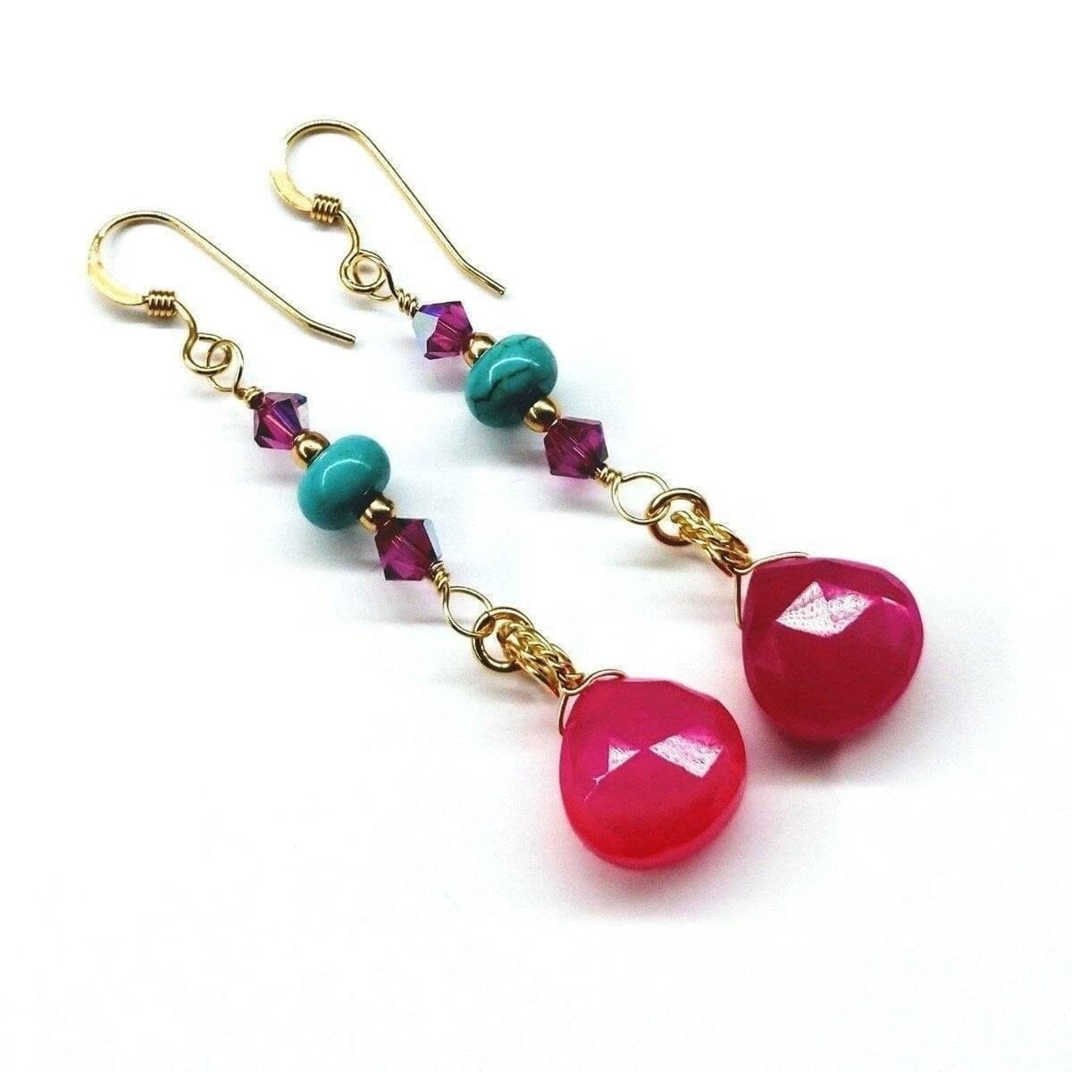 Gold Filled Wire Wrapped Pink And Turquoise Gemstone Earrings by Alexa Martha Designs