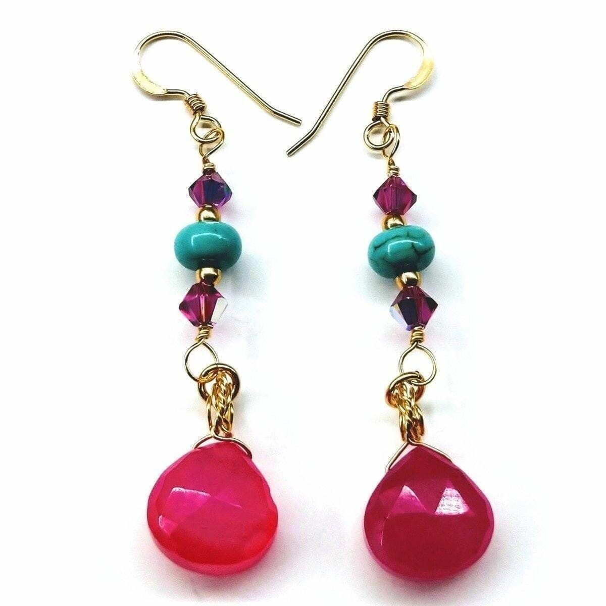 Gold Filled Wire Wrapped Pink And Turquoise Gemstone Earrings by Alexa Martha Designs