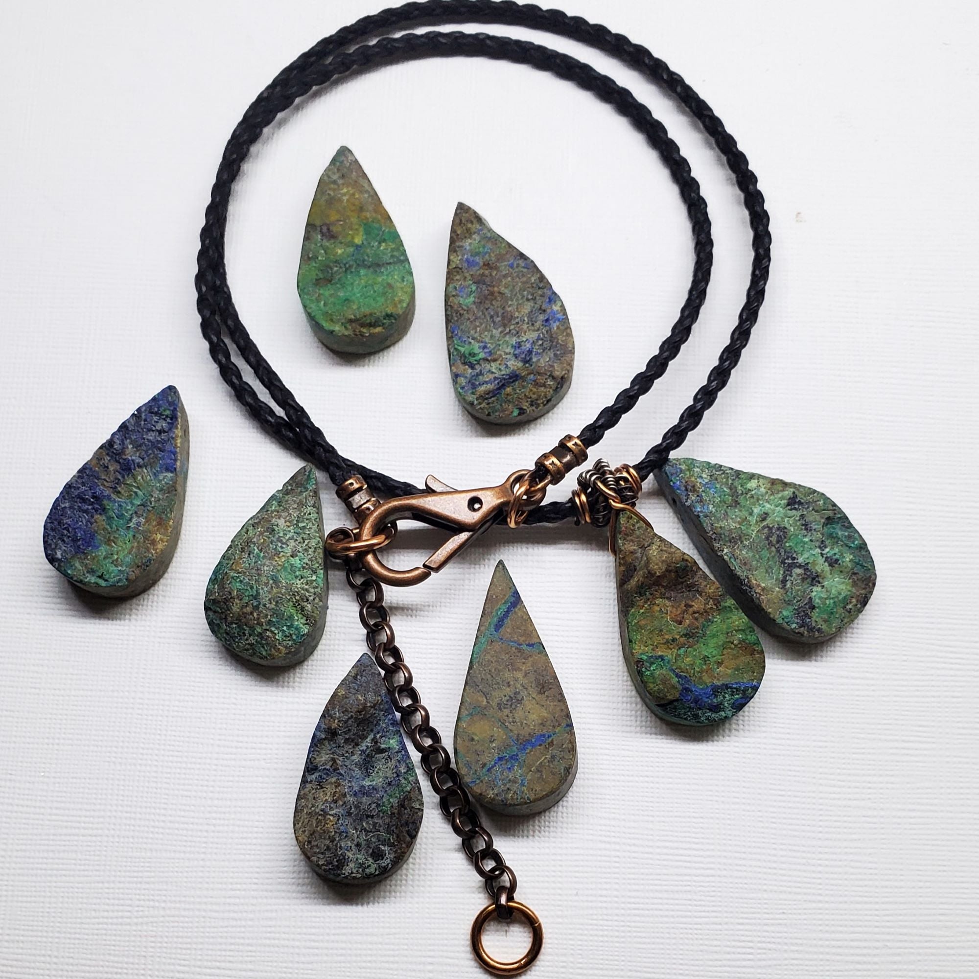 Wire Wrapped Natural Azurite Malachite Drop Vegan Cord Necklace by Alexa Martha Designs