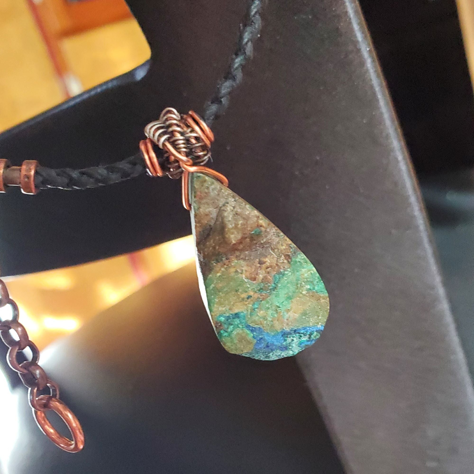 Wire Wrapped Natural Azurite Malachite Drop Vegan Cord Necklace by Alexa Martha Designs