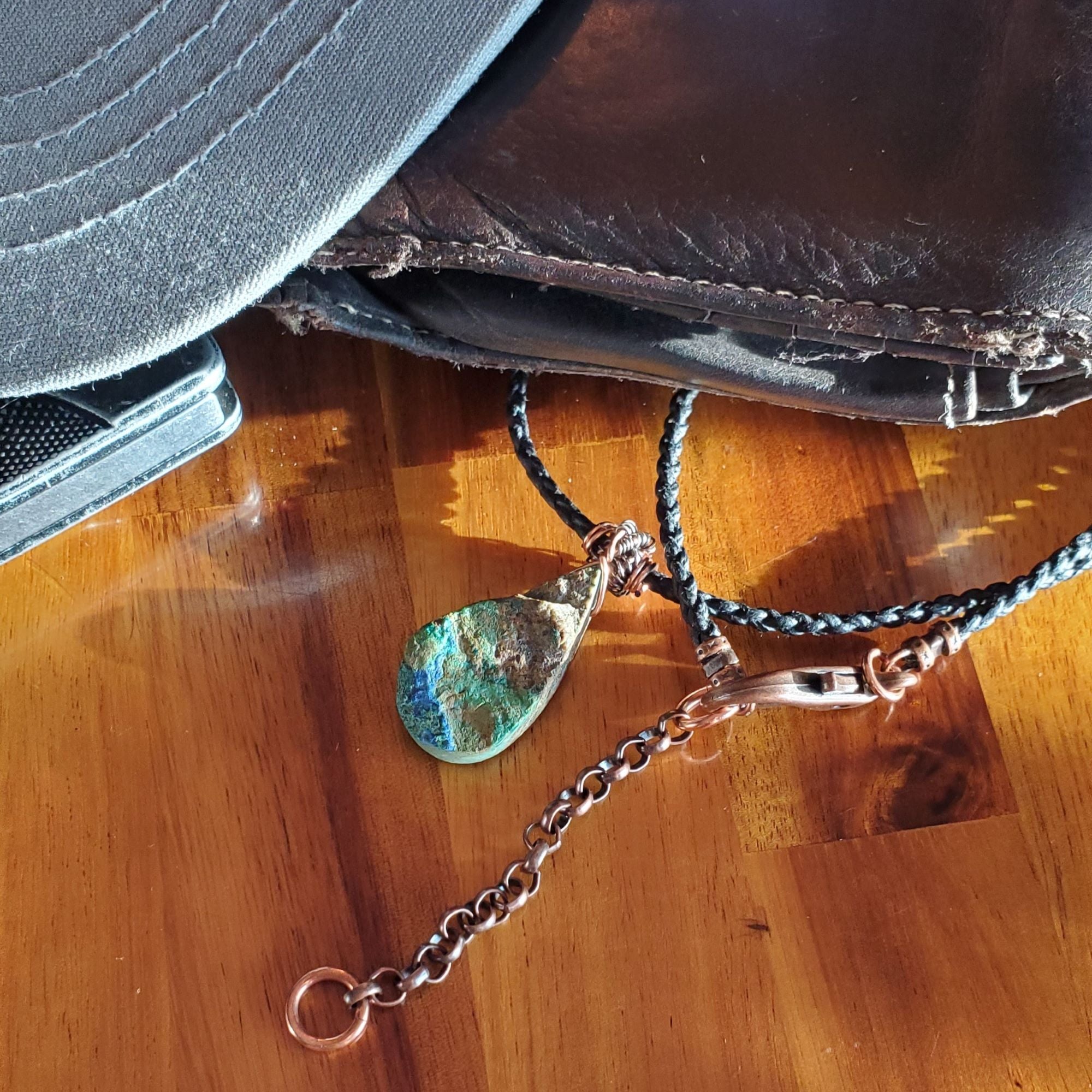 Wire Wrapped Natural Azurite Malachite Drop Vegan Cord Necklace by Alexa Martha Designs