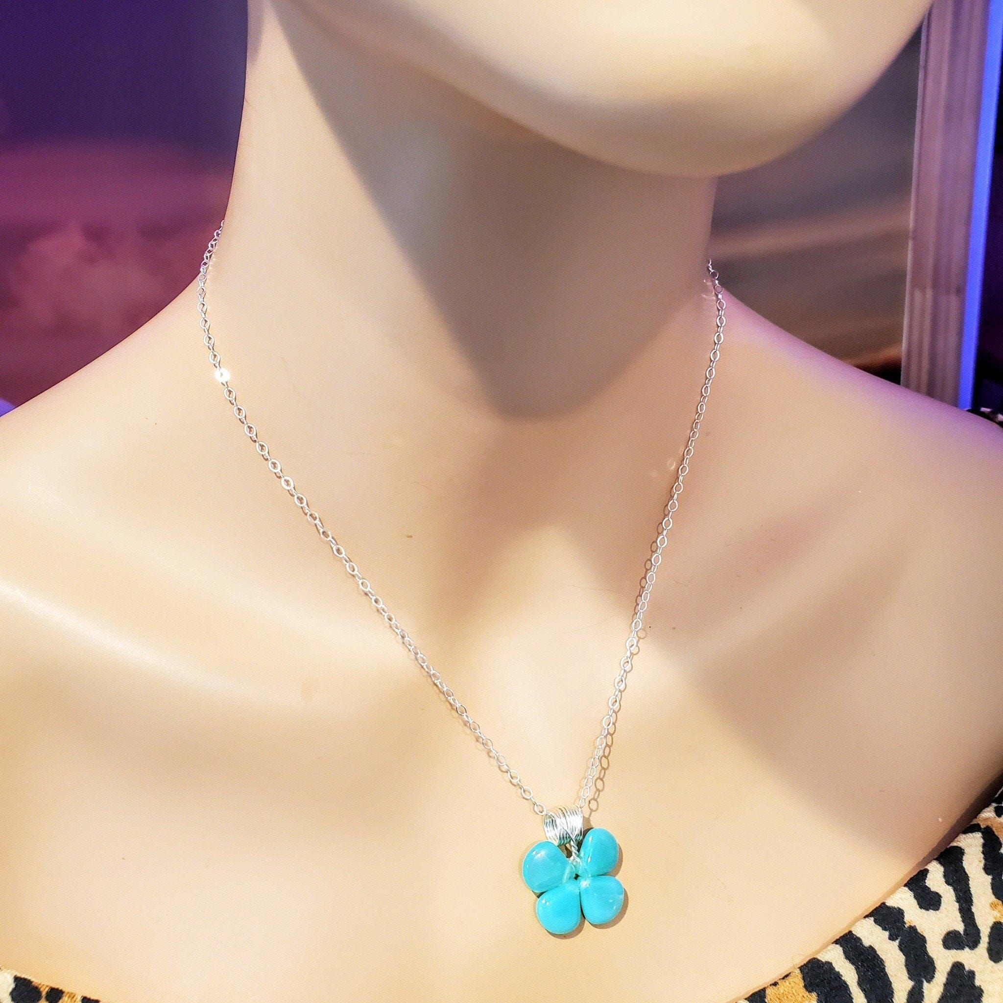 Mint Green Beaded Sterling Silver Clover Necklace by Alexa Martha Designs