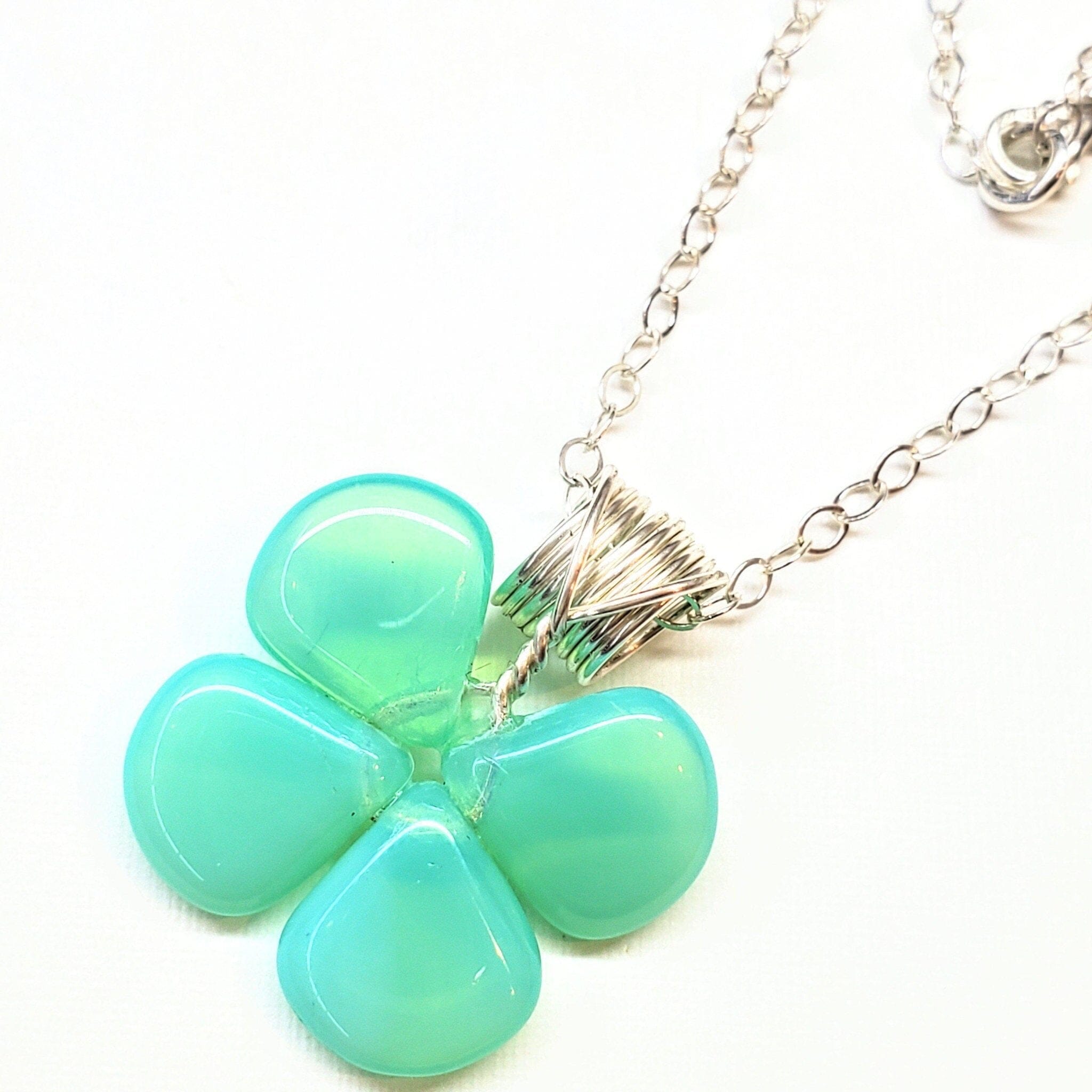 Mint Green Beaded Sterling Silver Clover Necklace by Alexa Martha Designs