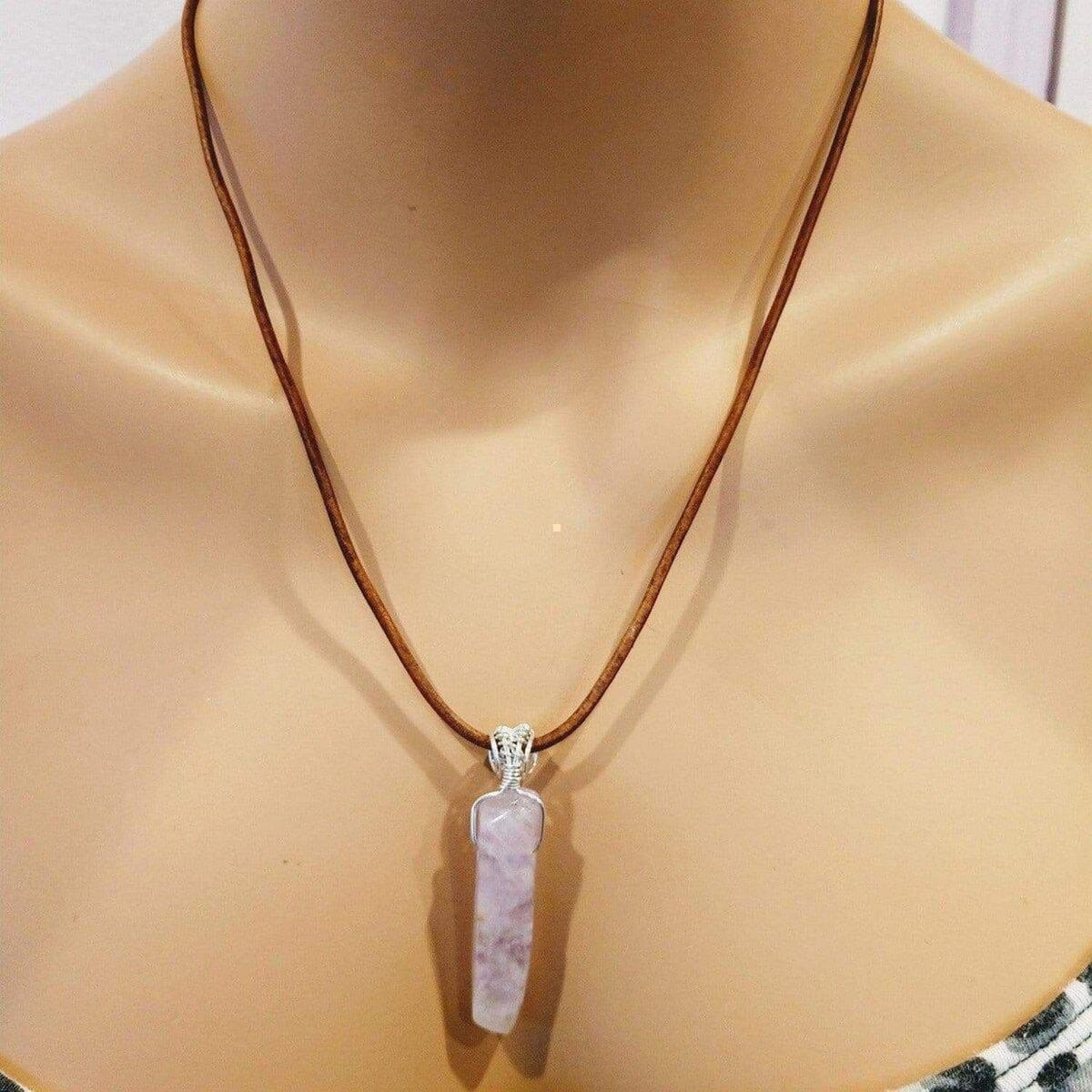 Silver Wrapped Light Amethyst Gemstone Point Leather Necklace by Alexa Martha Designs