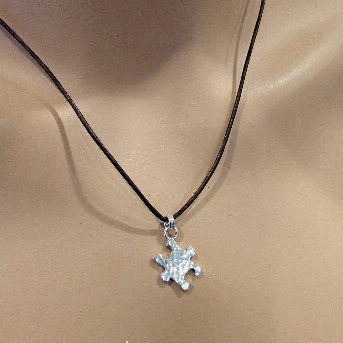 Sterling Silver Autism Awareness Puzzle Piece Leather Necklace by Alexa Martha Designs
