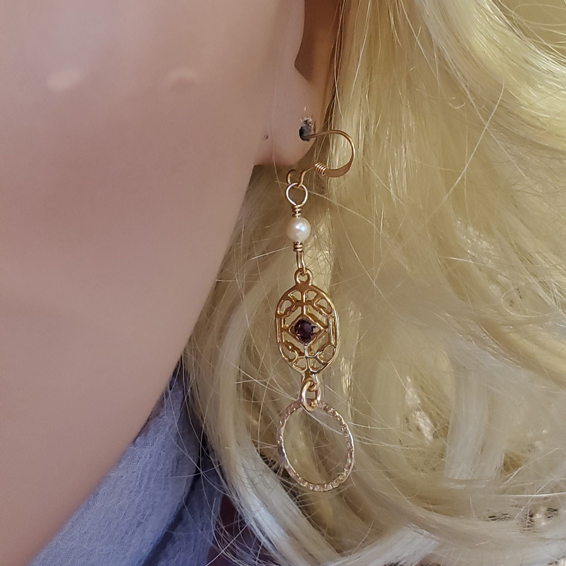 14 K Gold Filled Purple Crystal Hammered Circle Filigree Earrings by Alexa Martha Designs