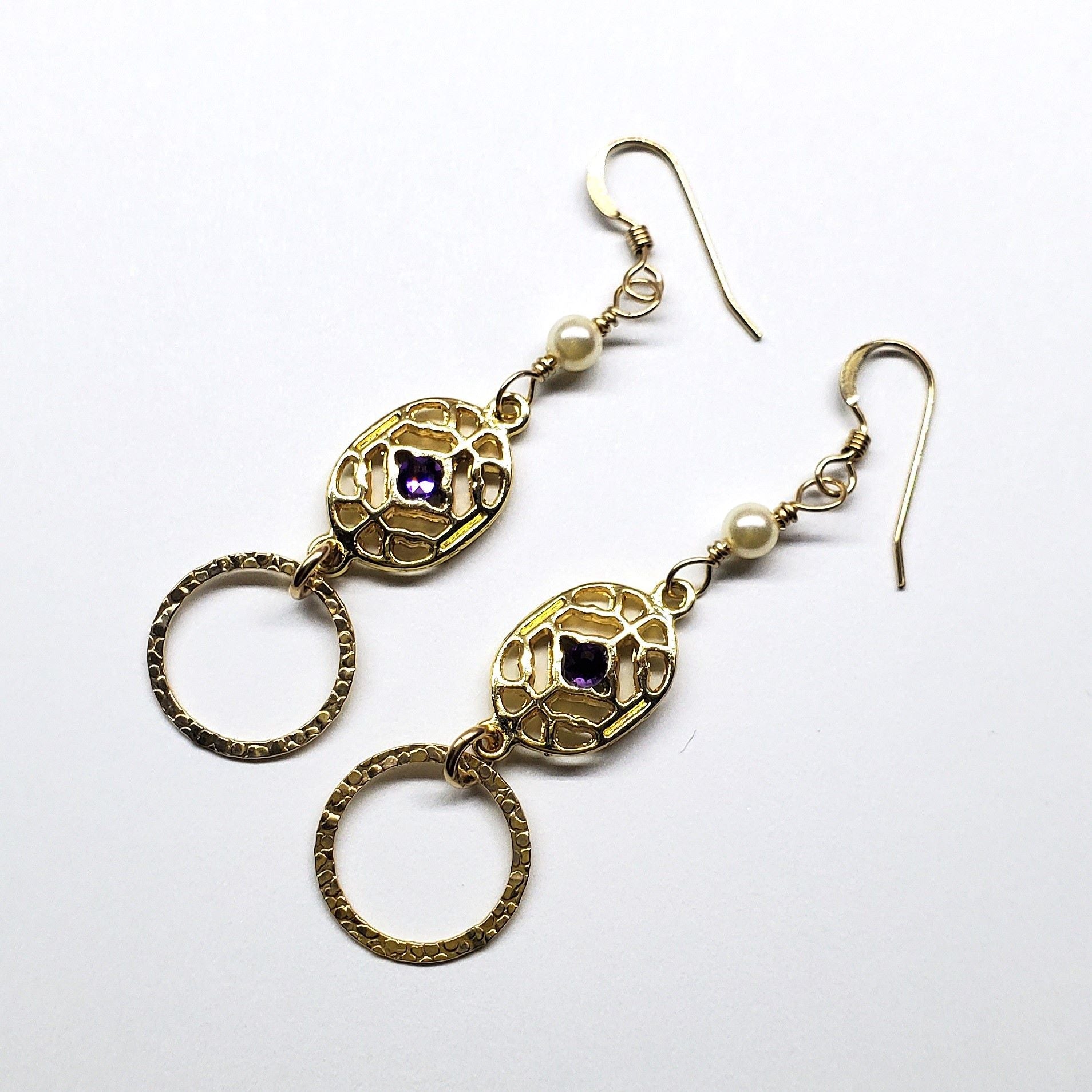 14 K Gold Filled Purple Crystal Hammered Circle Filigree Earrings by Alexa Martha Designs