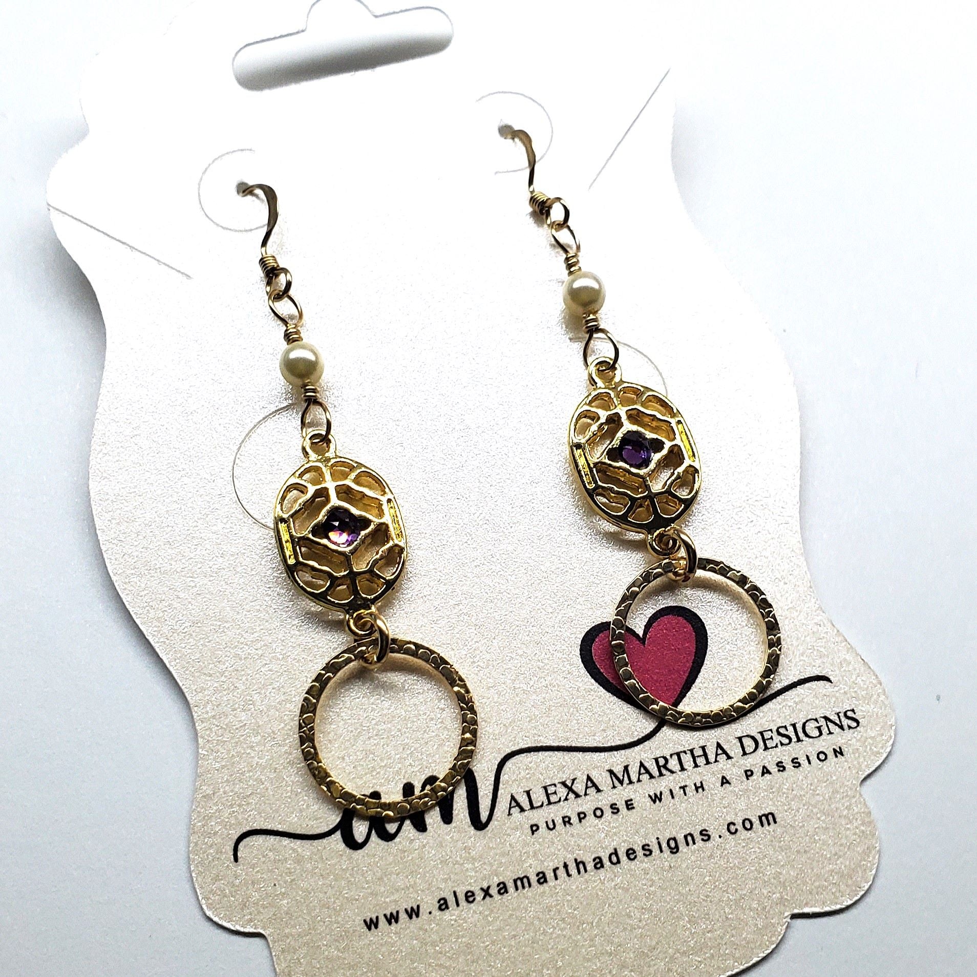 14 K Gold Filled Purple Crystal Hammered Circle Filigree Earrings by Alexa Martha Designs