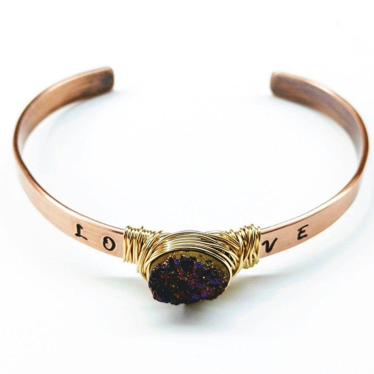 LOVE Stamped Gold Wire Wrapped Purple Druzy Copper Cuff by Alexa Martha Designs