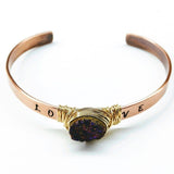 LOVE Stamped Gold Wire Wrapped Purple Druzy Copper Cuff by Alexa Martha Designs