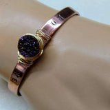 LOVE Stamped Gold Wire Wrapped Purple Druzy Copper Cuff by Alexa Martha Designs