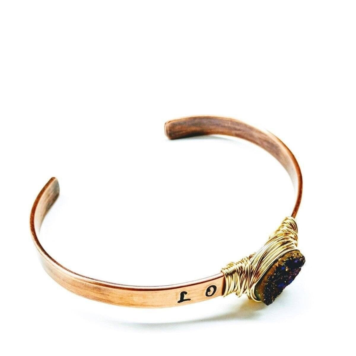 LOVE Stamped Gold Wire Wrapped Purple Druzy Copper Cuff by Alexa Martha Designs