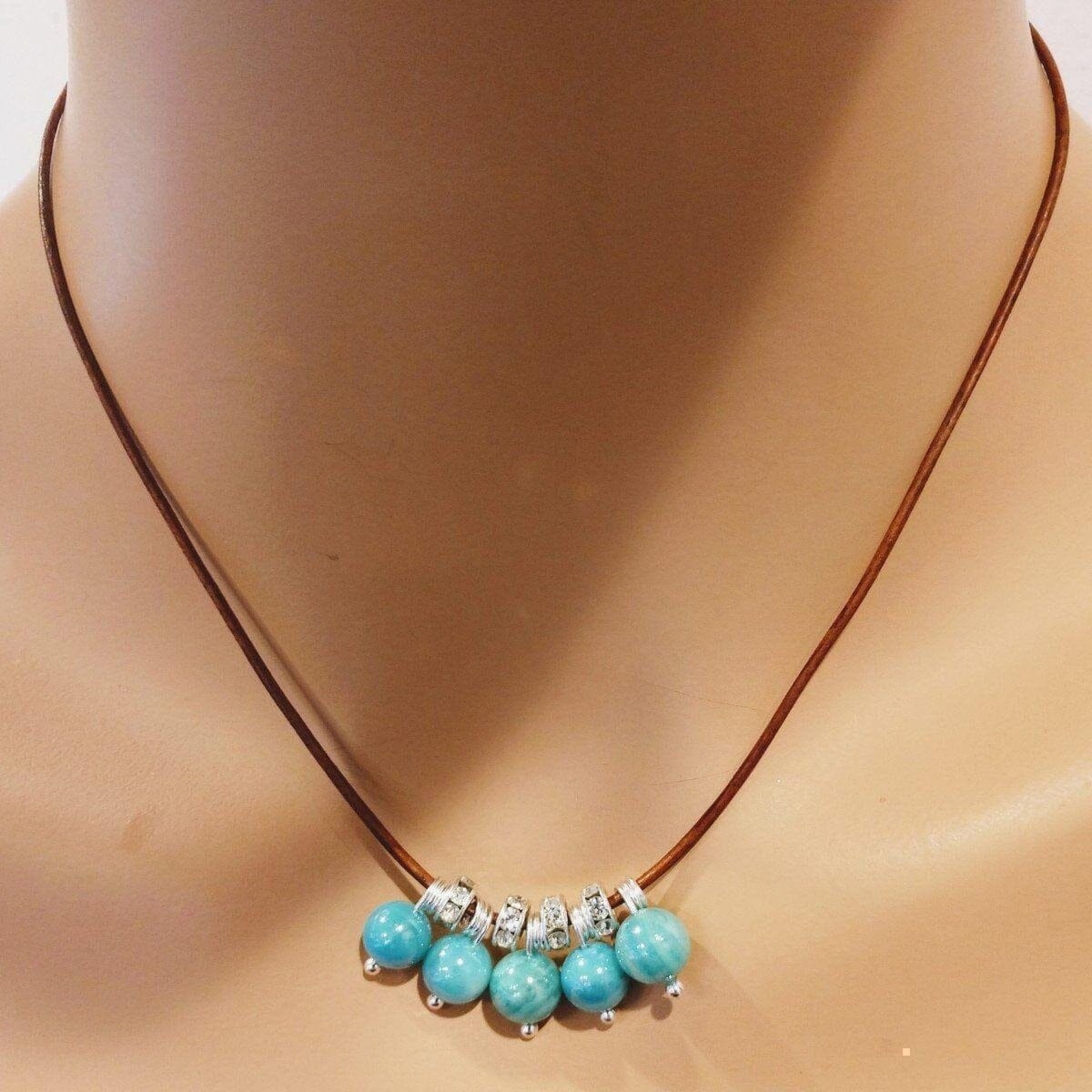 Silver Green Blue Shell Bead Charm Leather Necklace by Alexa Martha Designs