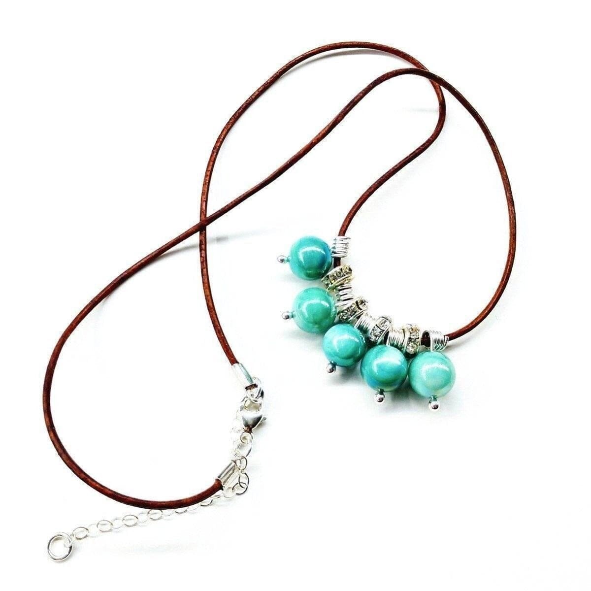 Silver Green Blue Shell Bead Charm Leather Necklace by Alexa Martha Designs