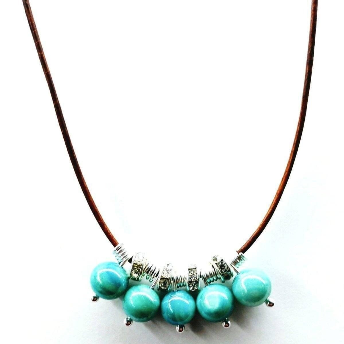 Silver Green Blue Shell Bead Charm Leather Necklace by Alexa Martha Designs