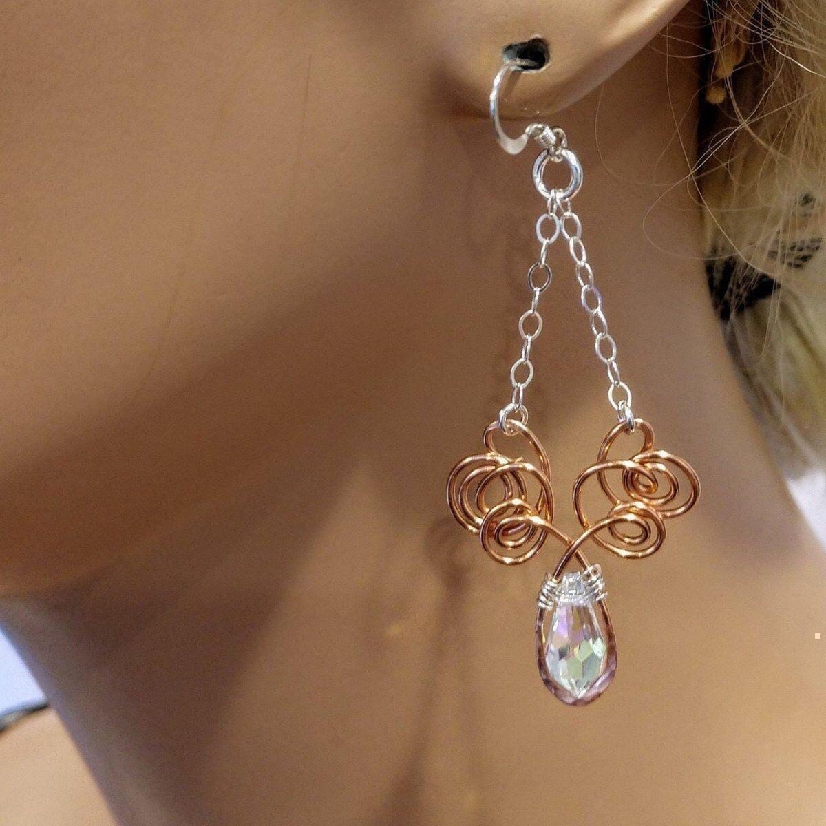 Wire Sculpted Crystal Drop Chandelier Angel Wing Earrings by Alexa Martha Designs