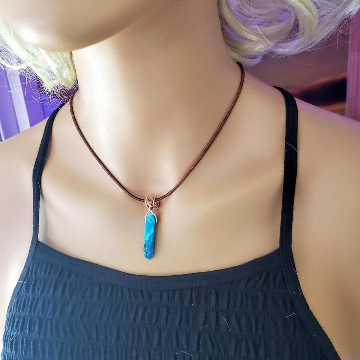 Wire Wrapped Pointed Turquoise Agate Leather Necklace for Him and Her by Alexa Martha Designs