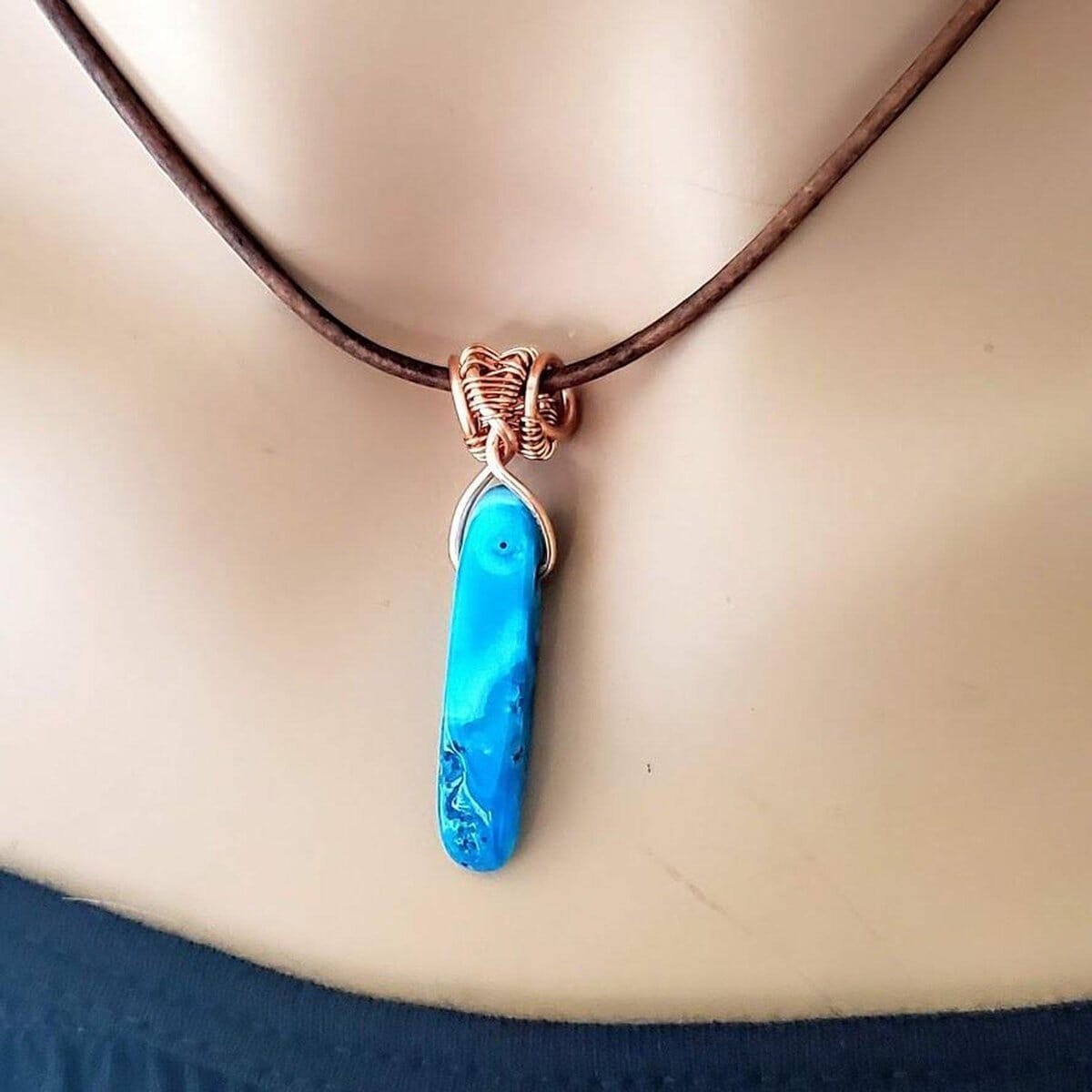 Wire Wrapped Pointed Turquoise Agate Leather Necklace for Him and Her by Alexa Martha Designs