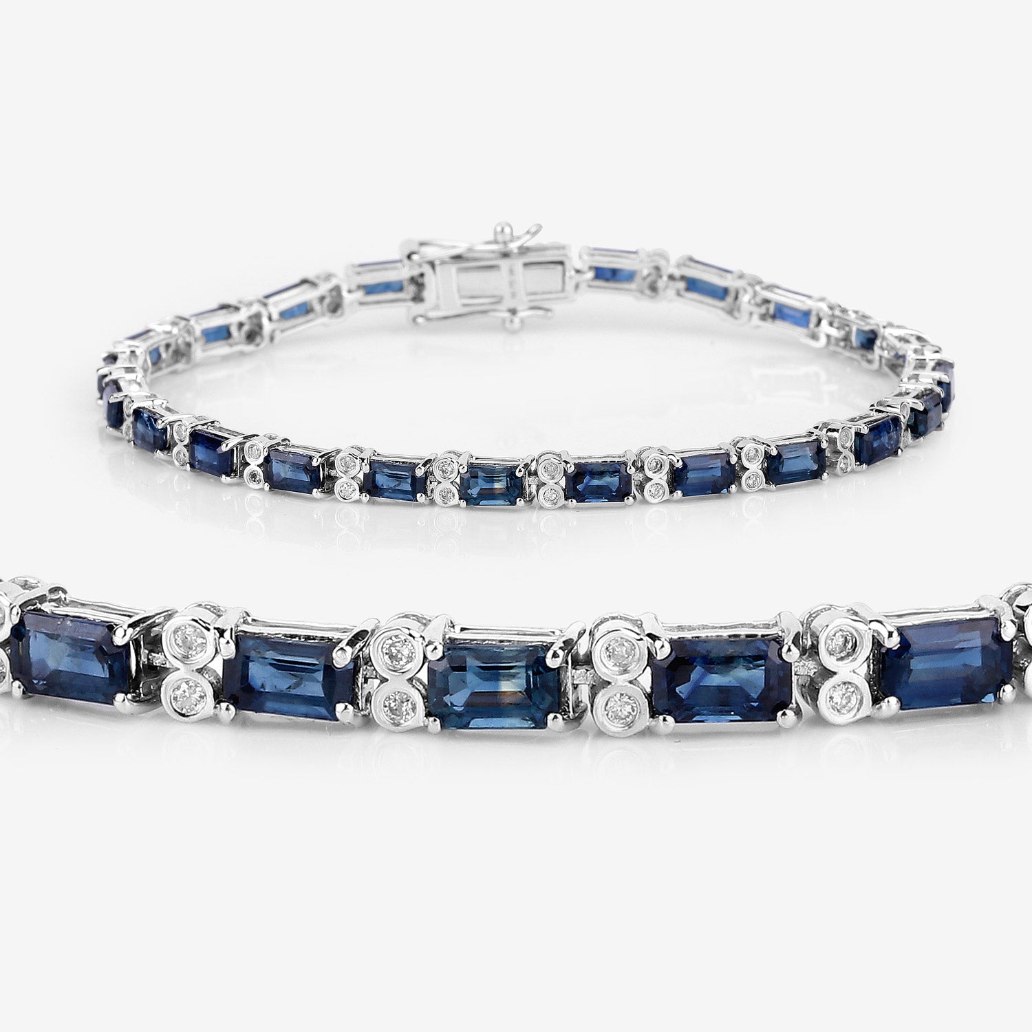 9.57 ct. Genuine Blue Sapphire and White Diamond 14K White Gold Bracelet