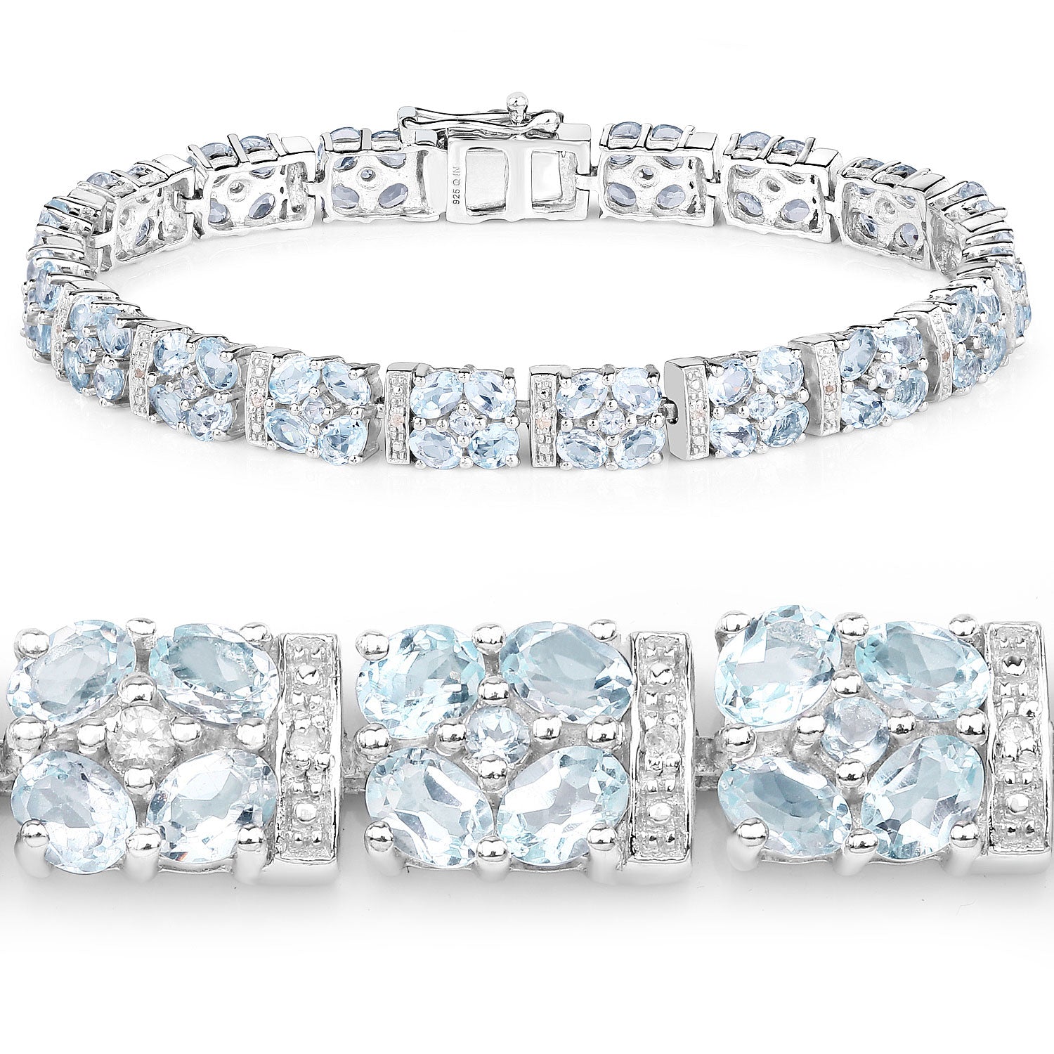 15.22 Carat Genuine Blue Topaz and White Topaz .925 Sterling Silver Bracelet