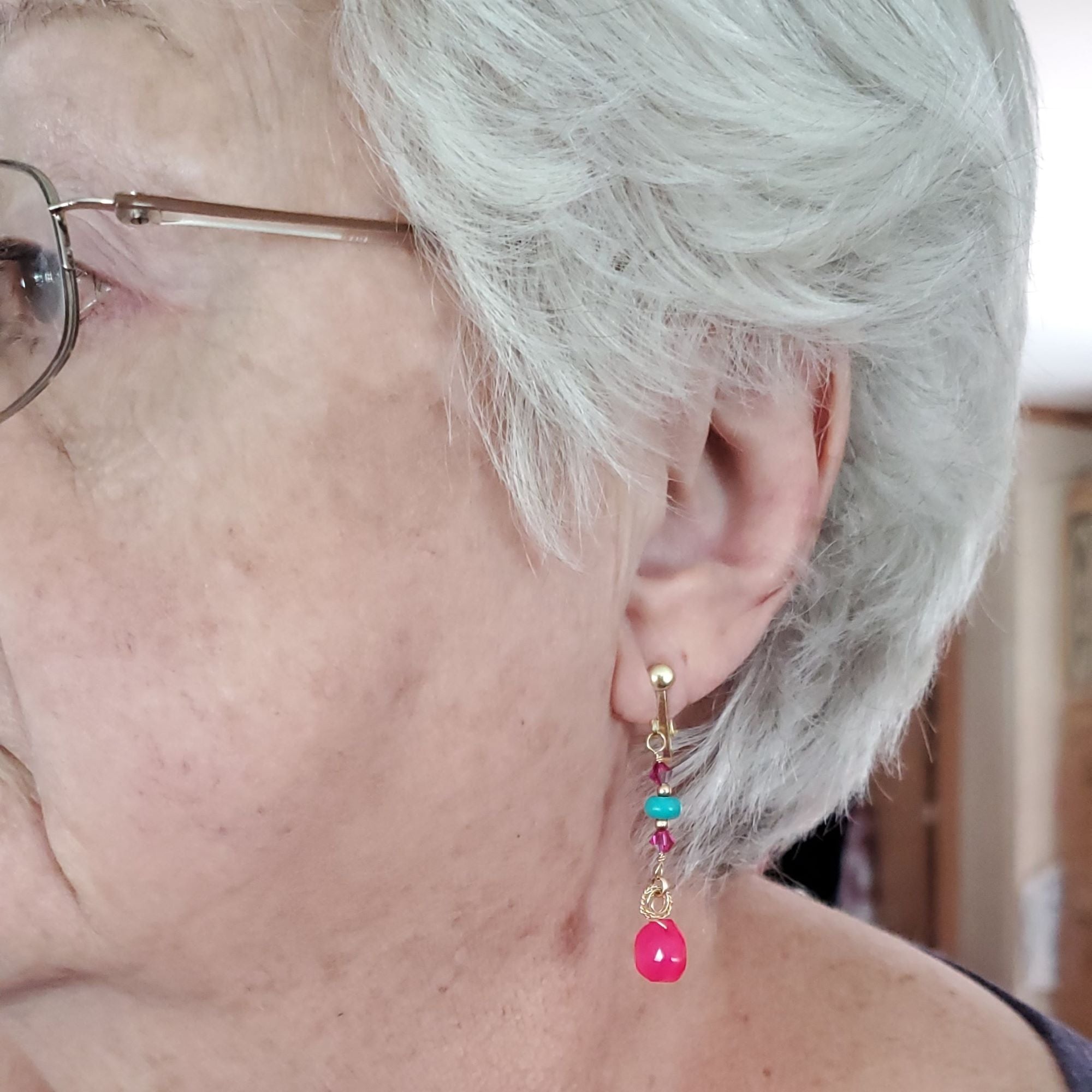 Gold Filled Wire Wrapped Pink And Turquoise Gemstone Earrings by Alexa Martha Designs