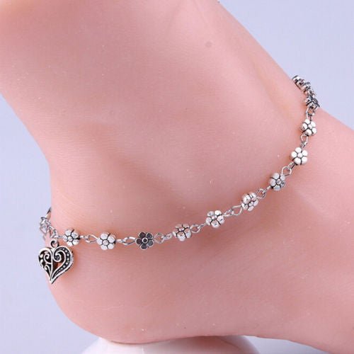 Daisy Flower Anklet Hanging Heart Charm by Fashion Hut Jewelry