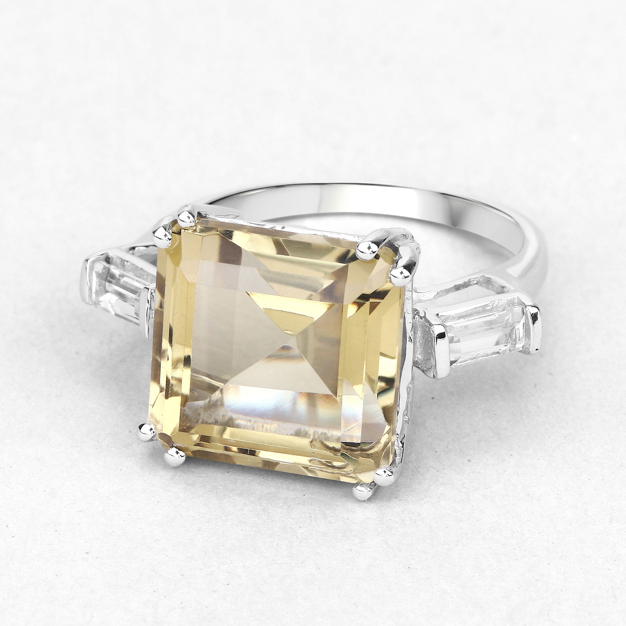 11.45 Carat Genuine Lemon Quartz and White Topaz .925 Sterling Silver Ring