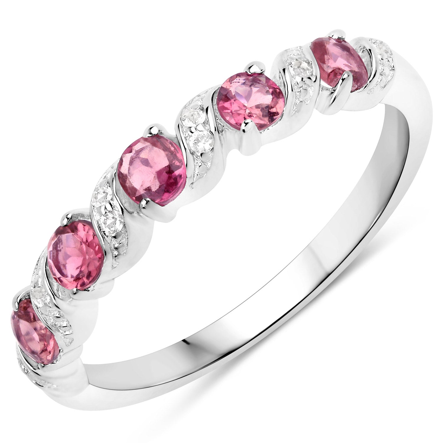 0.64 Carat Genuine Pink Tourmaline and White Topaz .925 Sterling Silver Ring