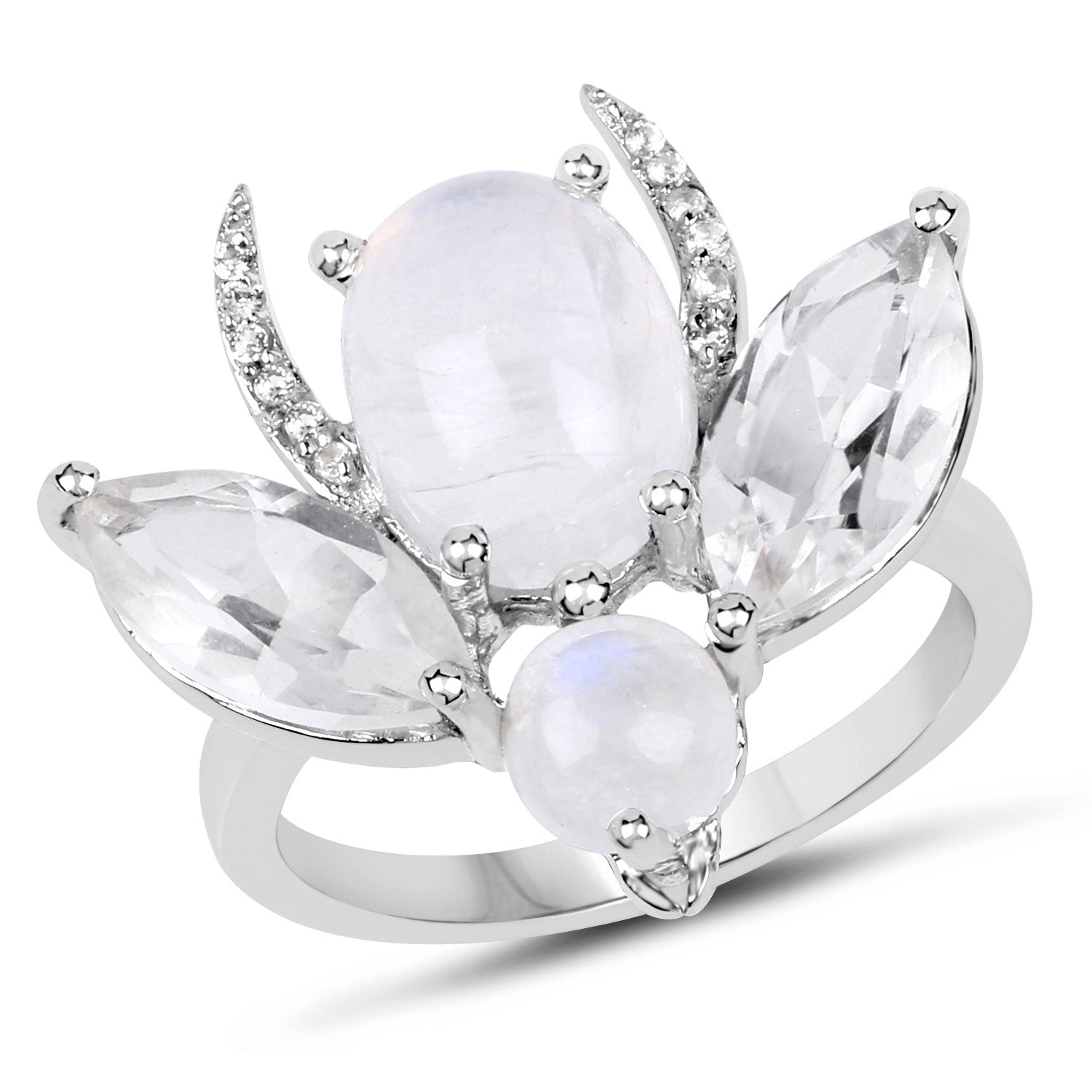 "7.41 Carat Genuine White Rainbow Moonstone, Crystal Quartz & White Topaz .925 Sterling Silver Ring"