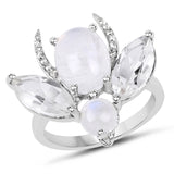 "7.41 Carat Genuine White Rainbow Moonstone, Crystal Quartz & White Topaz .925 Sterling Silver Ring"