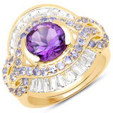 14K Yellow Gold Plated 3.93 Carat Genuine Amethyst Tanzanite & White Topaz .925 Sterling Silver Ring