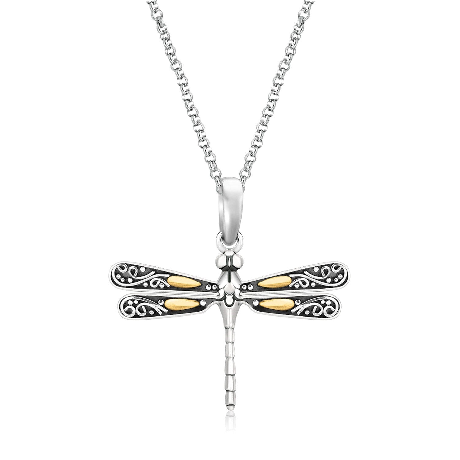 18 k Yellow Gold and Sterling Silver Pendant in a Dragonfly Design
