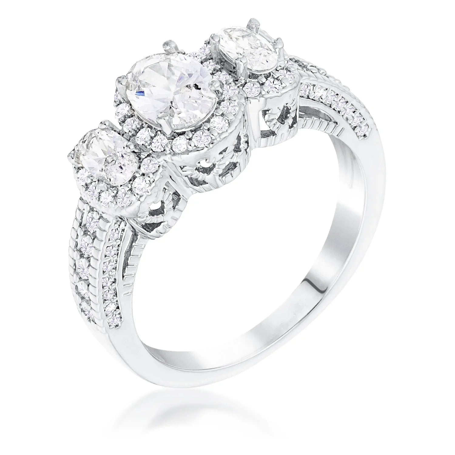 3-Stone Oval Cut CZ Halo Ring