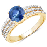 1.36 Carat Genuine Blue Sapphire and White Diamond 14K Yellow Gold Ring