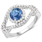 1.75 Carat Genuine Blue Sapphire and White Diamond 14K White Gold Ring