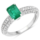 1.42 Carat Genuine Emerald and White Diamond 14K White Gold Ring