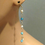 14 KT Gold Filled Wire Wrapped Long Turquoise Pearl Dangle Earrings by Alexa Martha Designs