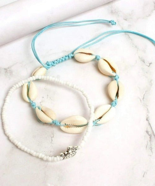2PCS Boho Turquoise Shell Anklet with White Turtle Bead Ankle Bracelet by Fashion Hut Jewelry