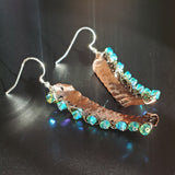 Blue Green Hammered Copper Bar  Crystal Earrings by Alexa Martha Designs