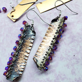 Hot Pink Wire Wrapped Super Sparkly Hammered Copper Bar Earrings. by Alexa Martha Designs