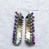 Hot Pink Wire Wrapped Super Sparkly Hammered Copper Bar Earrings. by Alexa Martha Designs