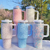Perfectly Pearly Portable 40 Oz Insulated Stainless Steel Travel Tumbler With Handle & Straw