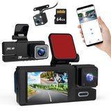 WiFi FHD 1080P Car Dash Cam 3 Channels Front Rear Inside Dash Camera with Loop Recording Reversing Image Night Vision 170° Wide Angle Support 64G MMC