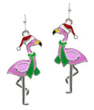 Christmas Flamingo Earrings - Green Scarf Santa Hat by Fashion Hut Jewelry
