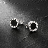 8mm Roman Numerals Black Agate Round Diamond Stud Earrings in 925 Sterling Silver 