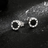 8mm Roman Numerals Black Agate Round Diamond Stud Earrings in 925 Sterling Silver 